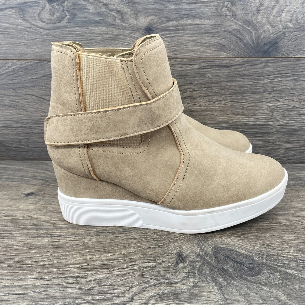 Serra Wedge Hi Top Sneakers High Heel Comfort Side Zipper Women's Size 7 Tan